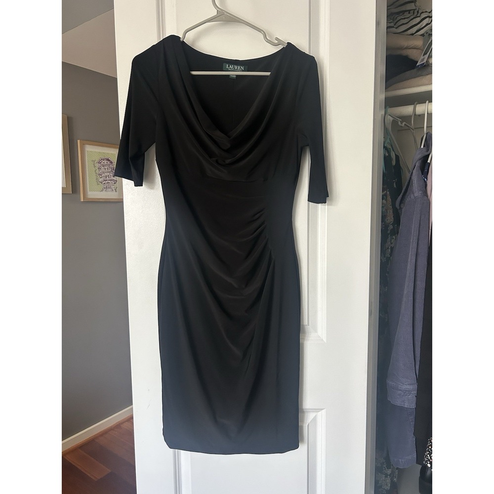 Lauren Ralph Lauren Black Dress Cowl Neck Ruched Sheath Women's Size 4